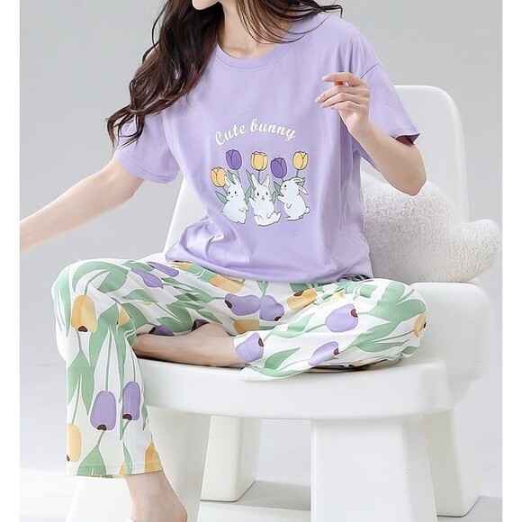 100% Cotton Women Pajama Set Short Sleeve Pullover Top Soft Purple S M L - Picture 9 of 10